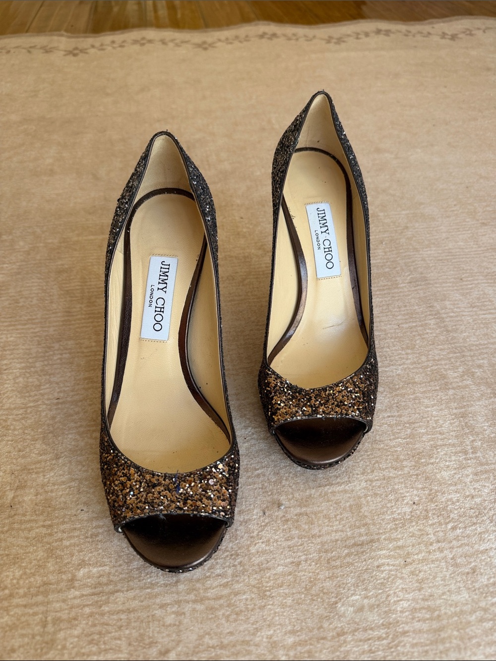 Jimmy Choo Brown Glitter Peep-Toe Heels